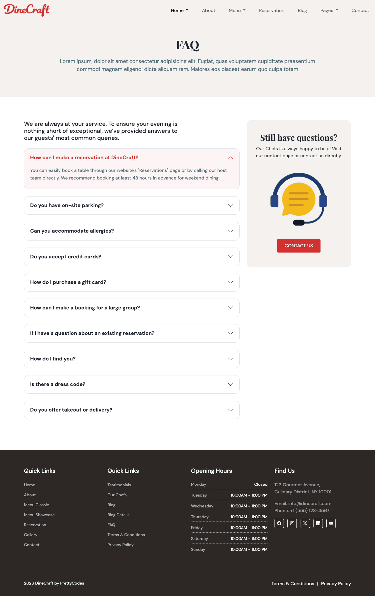 DineCraft FAQ page screenshot