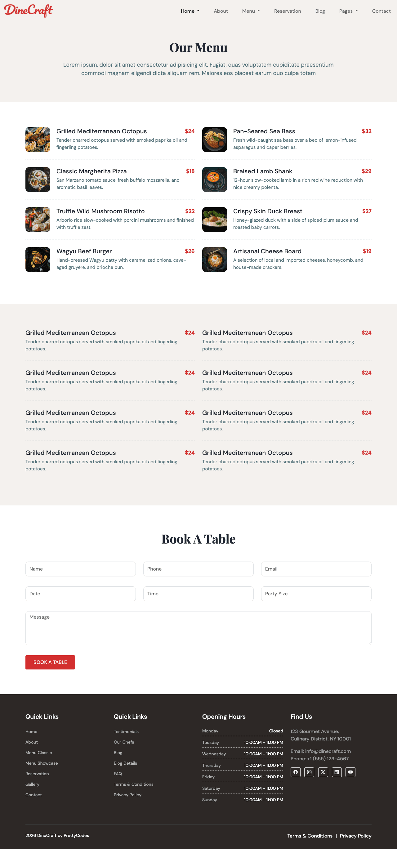 DinePro Menu Classic page screenshot