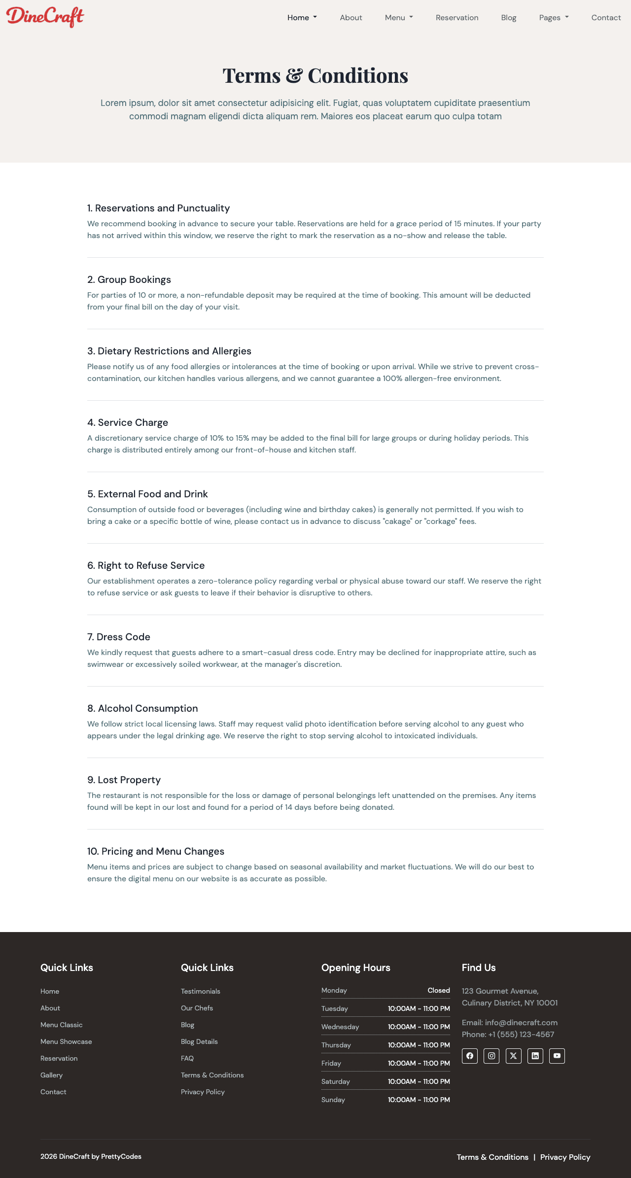 DinePro Terms & Conditions page screenshot